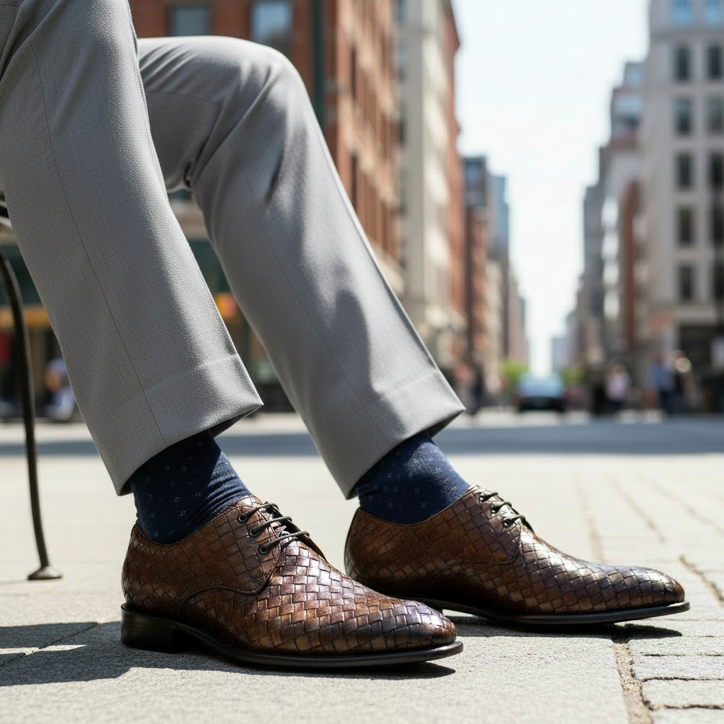 Person wearing brown woven shoes and gray pants on a city street.