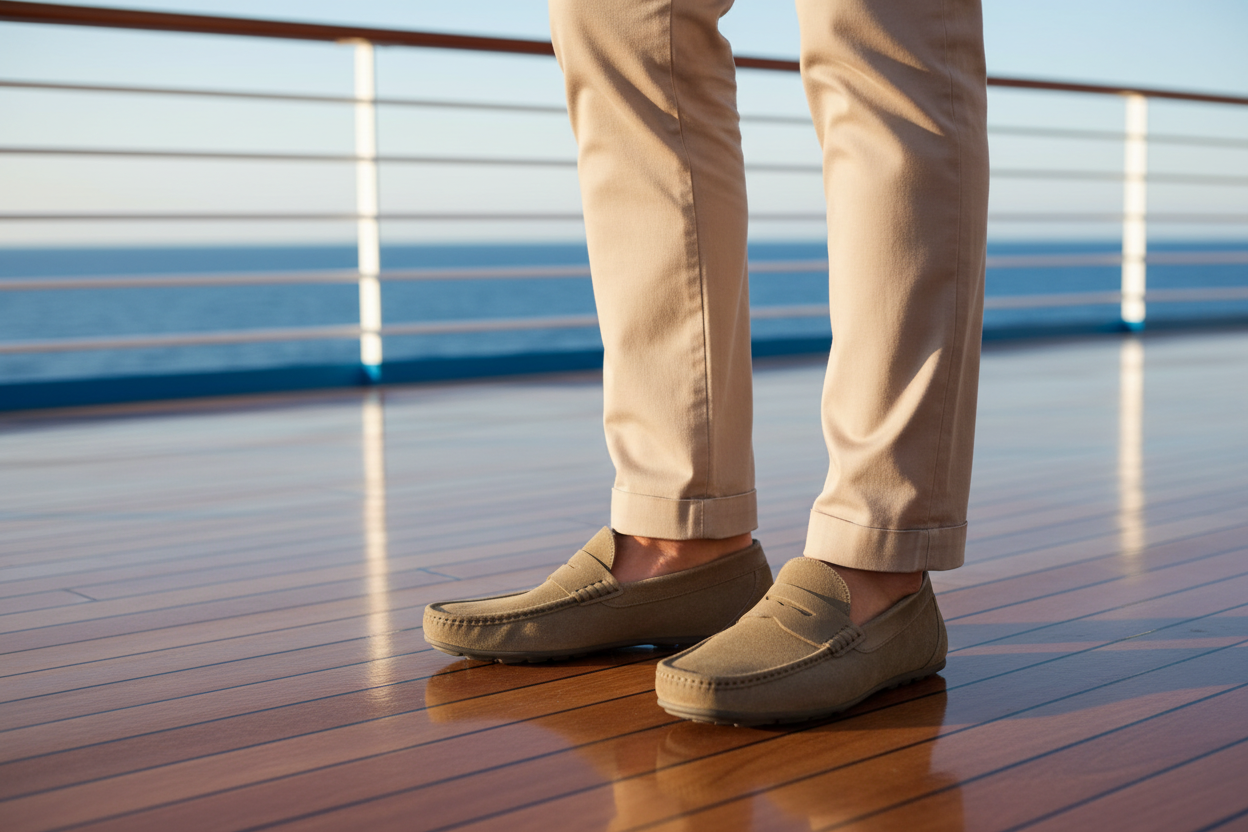 Person standing on a cruise ship deck wearing rope shoes and pants.