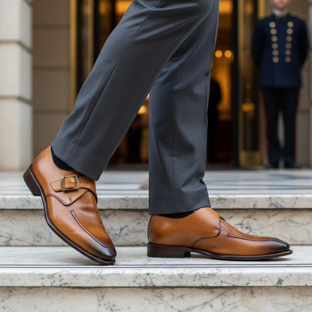 Dark Caramel leather shoes worn with gray trousers on a marble staircase.