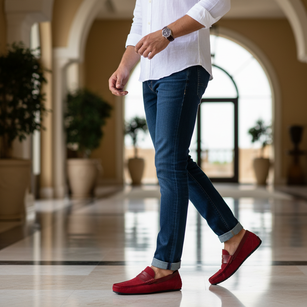 Person wearing blue jeans and red loafers in a blurred indoor setting