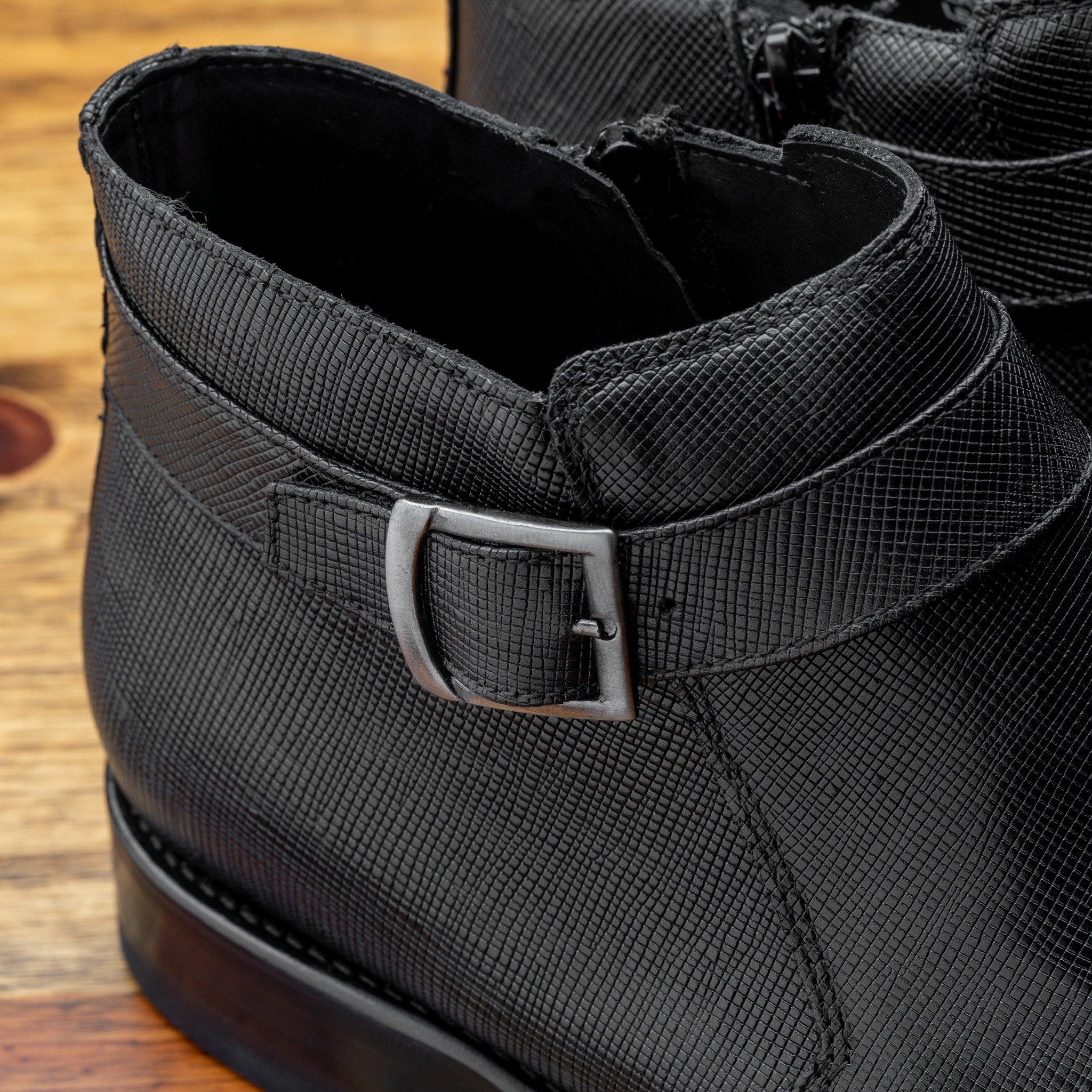 Side profile of the buckle of the 1221 Calzoleria Toscana Saffiano Leather Black Ankle Zip Boot