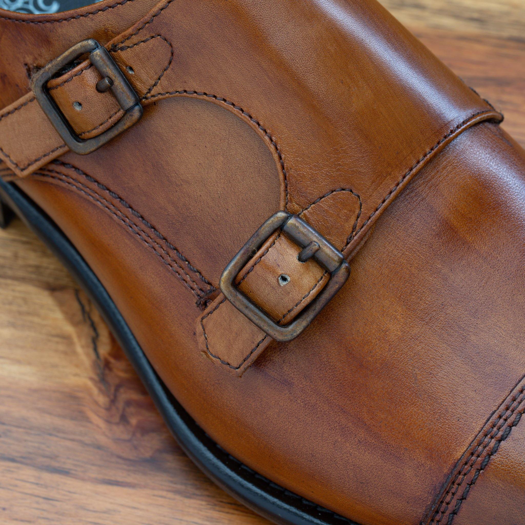 Up close picture of the double monkstrap piece of 6582 Calzoleria Toscana Dark Caramel Monkstrap Cap Toe
