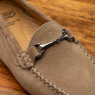 Up close picture of the vamp showing the contrast cream stitching and metallic horsebit of 8976 Calzoleria Toscana Women's Rope Suede Driver
