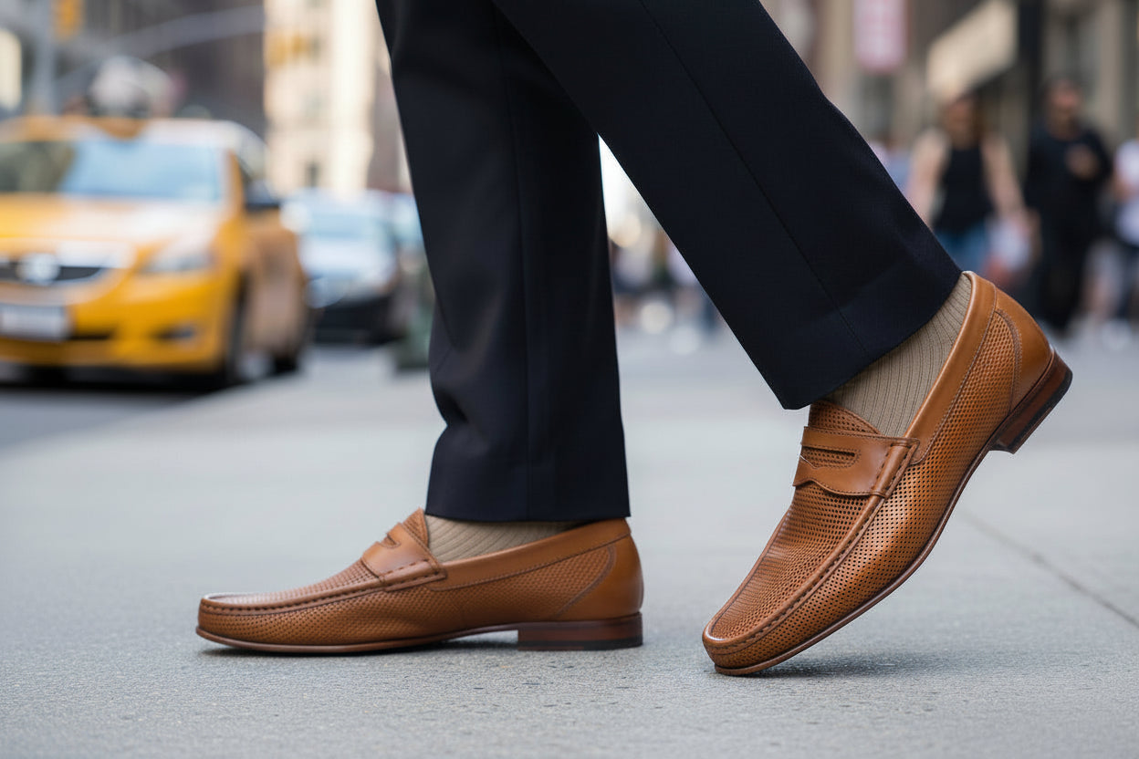 Pair of Q479-M Calzoleria Toscana Brick Tony-M Loafer on top of a wooden table