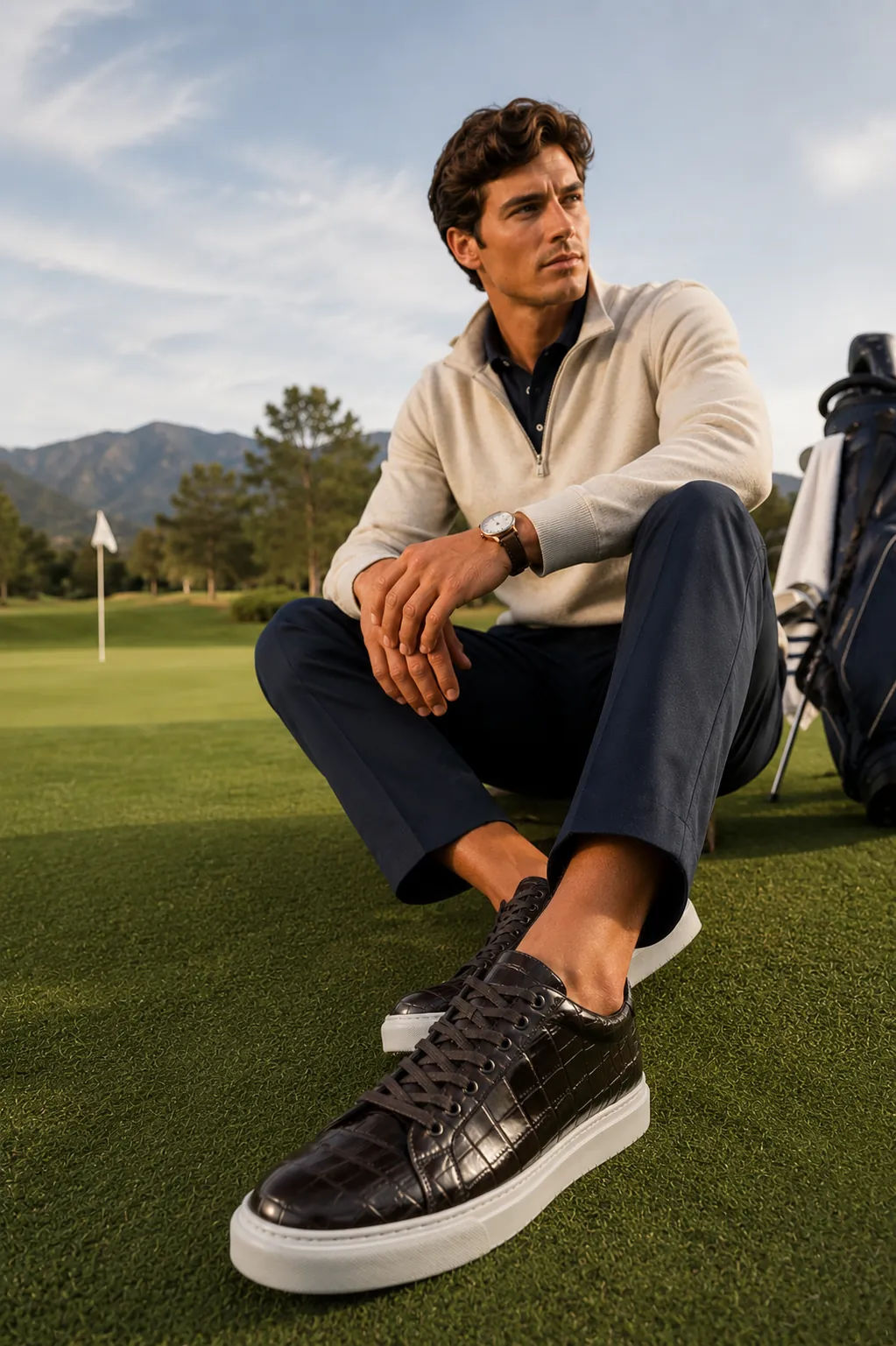 Gentleman in a cream quarter-zip sweater and navy trousers seated on a golf course green, wearing the Gaiba Crocodile Sneaker in Dark Brown — a handcrafted Italian low-top sneaker in genuine baby crocodile leather with a white Margom rubber sole by Calzoleria Toscana