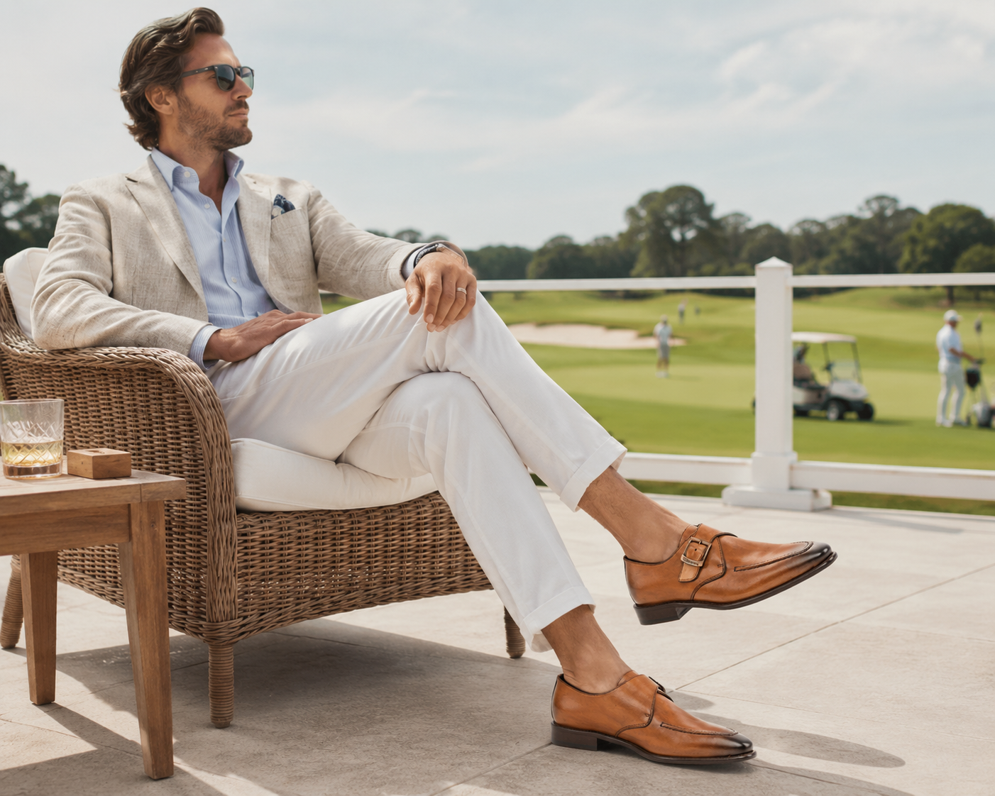 Pione Dark Caramel Italian double monk strap shoes by Calzoleria Toscana — handcrafted in Tuscany from hand-burnished calfskin with twin polished silver buckles, Blake-stitched construction, worn with a charcoal Italian wool suit at a sunlit Florence café.