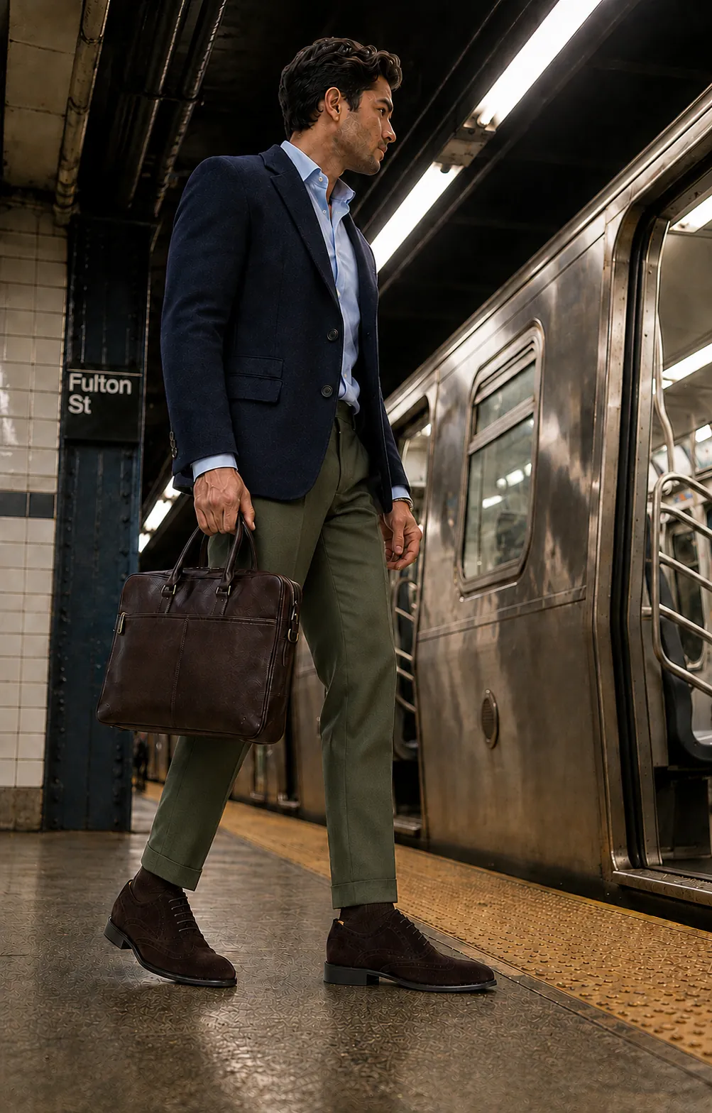 Man in a navy blazer, light blue shirt and olive trousers carrying a brown leather briefcase on a subway platform, wearing handcrafted dark brown Calzoleria Toscana Utica velour suede wingtip oxfords.