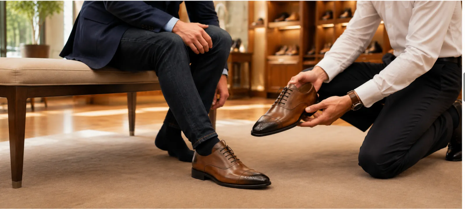 A gentleman being personally fitted with a hand-painted cap-toe Oxford on a showroom bench