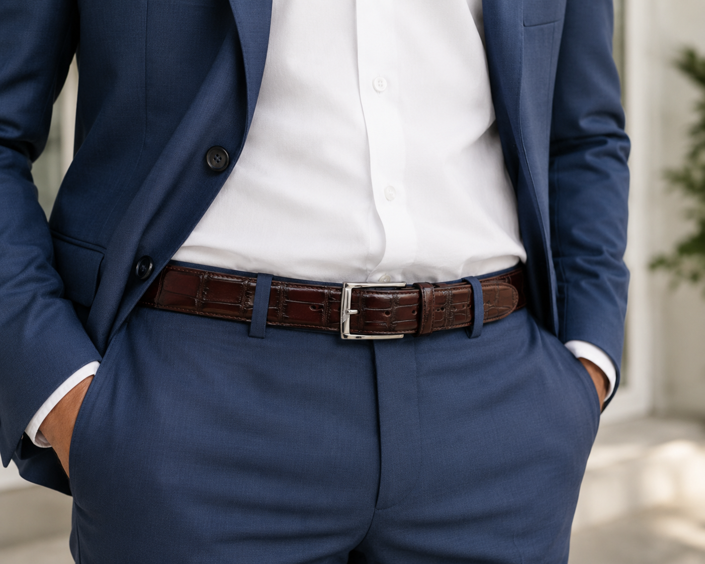 A gentleman in a tailored navy suit and white dress shirt wearing the Calzoleria Toscana C8099 burgundy crocodile dress belt with polished silver buckle.