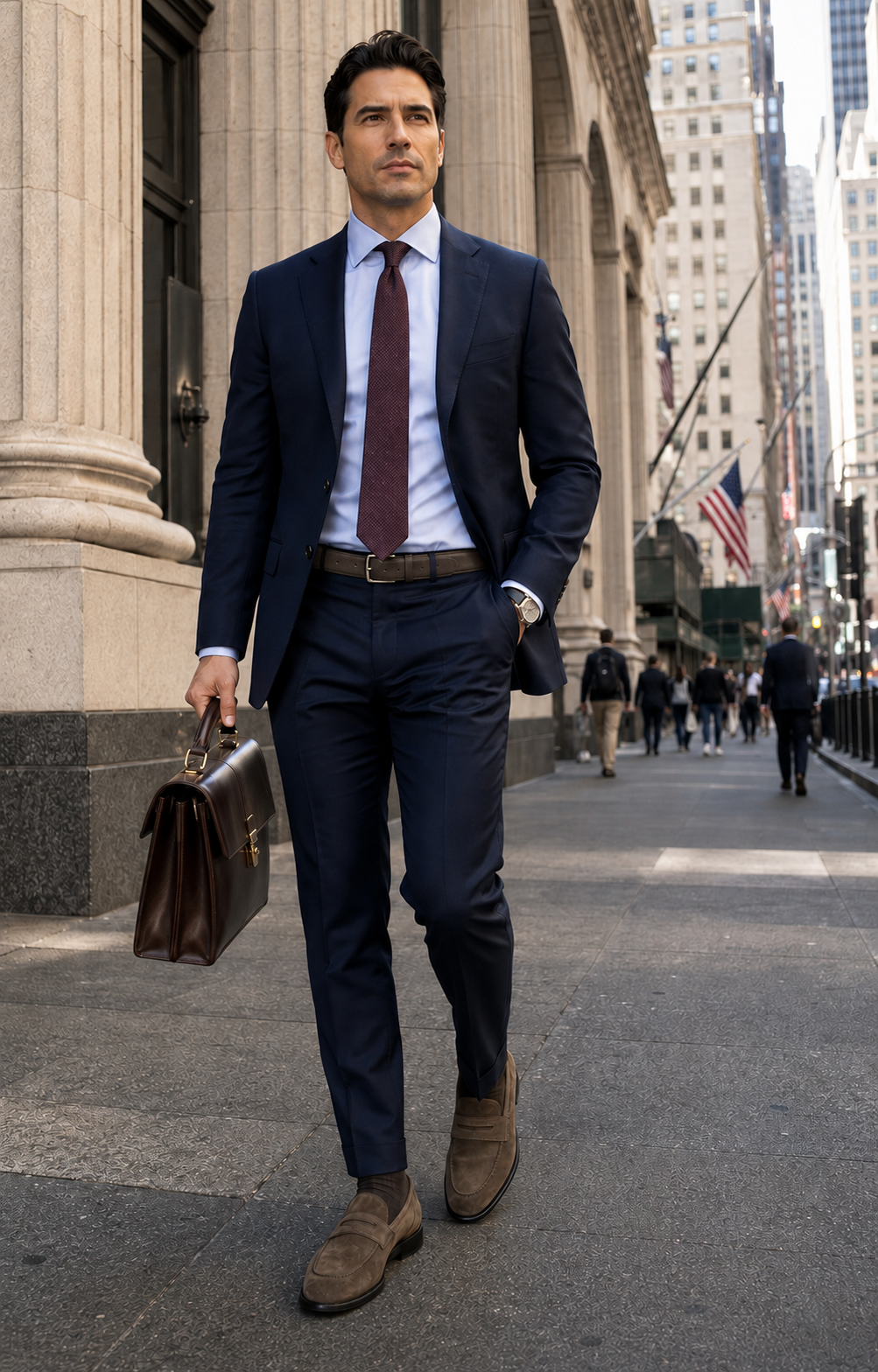 Man in tailored trousers seated in warm sunlight, wearing handcrafted Calzoleria Toscana Quero velour suede wholecut penny loafers.