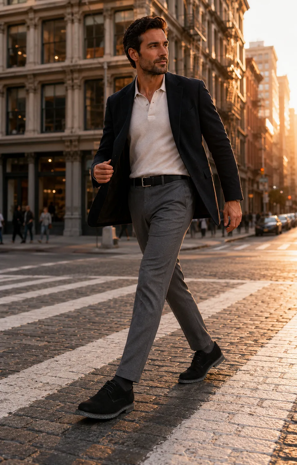 Man in a navy blazer and grey flannel trousers crossing a sunlit cobblestone street, wearing handcrafted black Calzoleria Toscana Ardea velour suede bluchers.