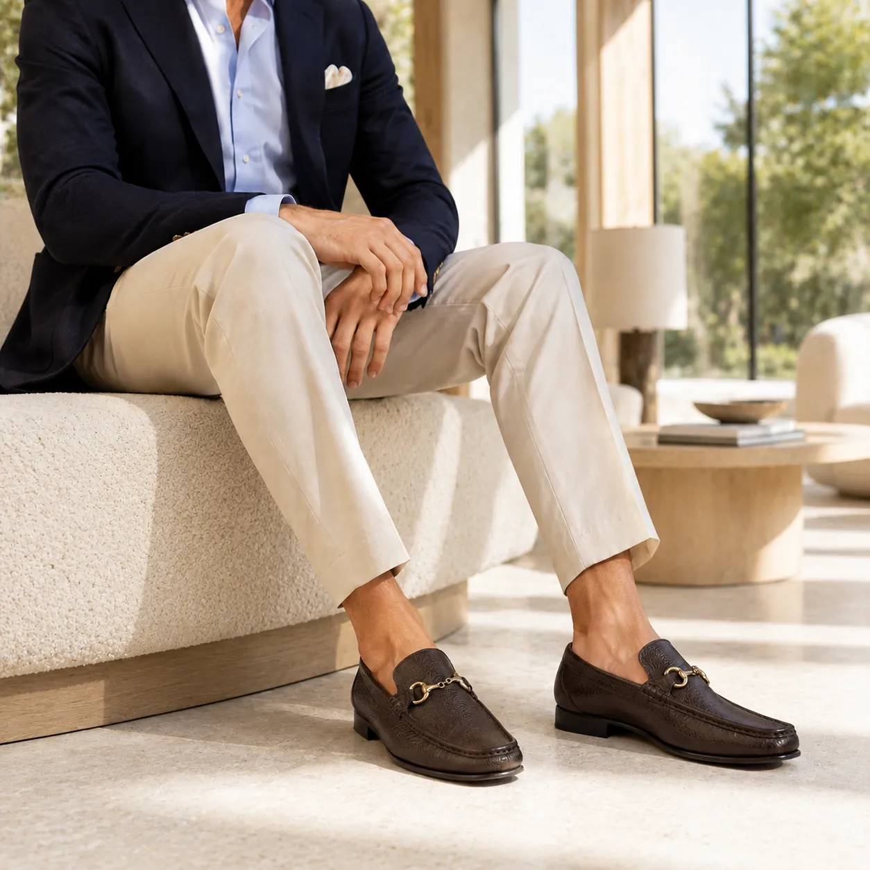 Man in a navy blazer, light blue shirt and cream trousers seated on a bouclé bench in a sunlit Italian villa, wearing handcrafted dark brown Calzoleria Toscana 8616-D cervo horsebit loafers.