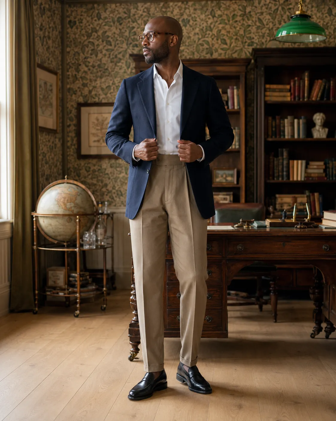Man in a navy blazer, white shirt and tan pleated trousers standing in a classic wood-paneled study, wearing handcrafted black hand-painted Calzoleria Toscana Zena penny loafers.