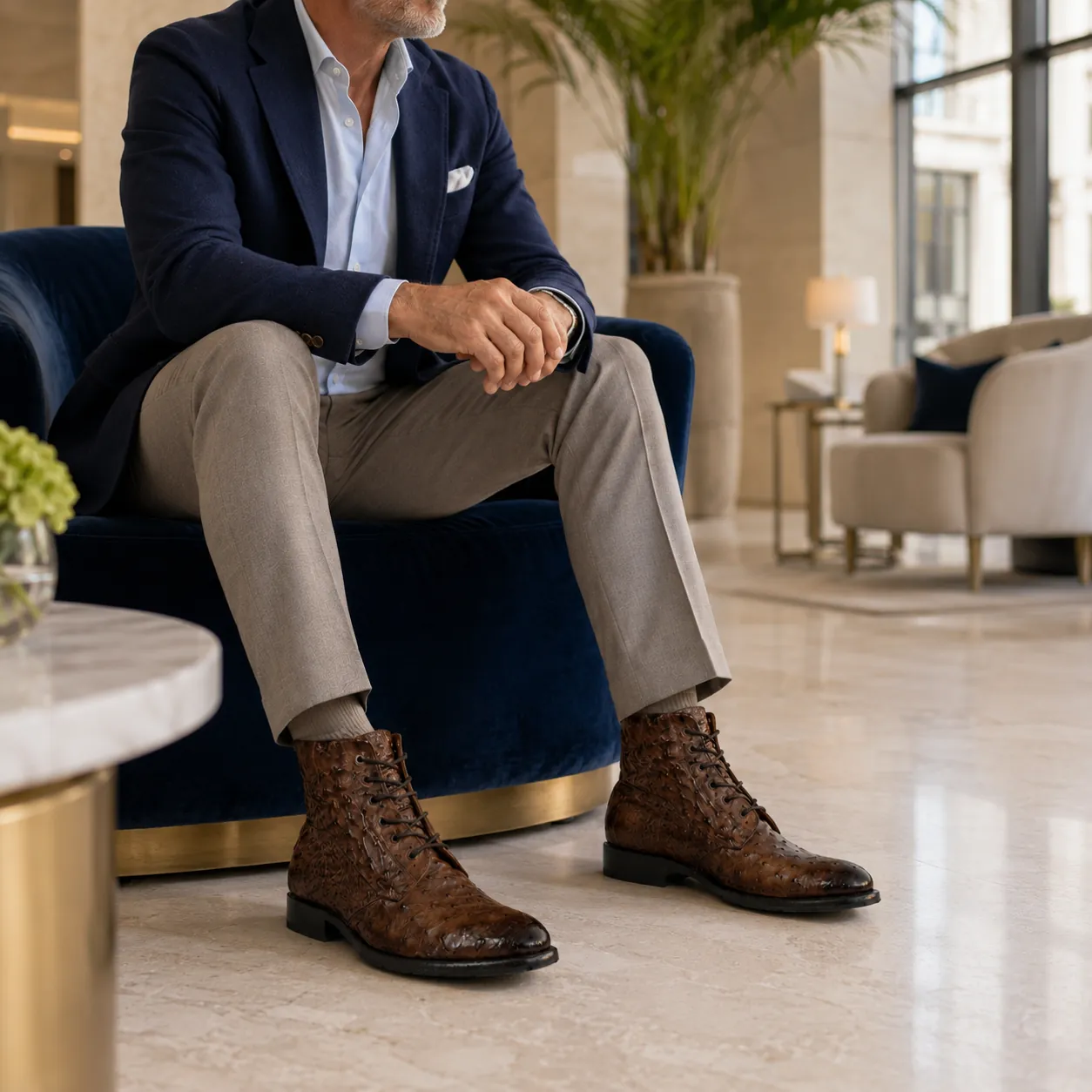 Man in a navy blazer, light blue shirt and grey trousers seated in a marble hotel lobby, wearing handcrafted brown Calzoleria Toscana 4354 dip-dyed genuine ostrich lace-up boots.