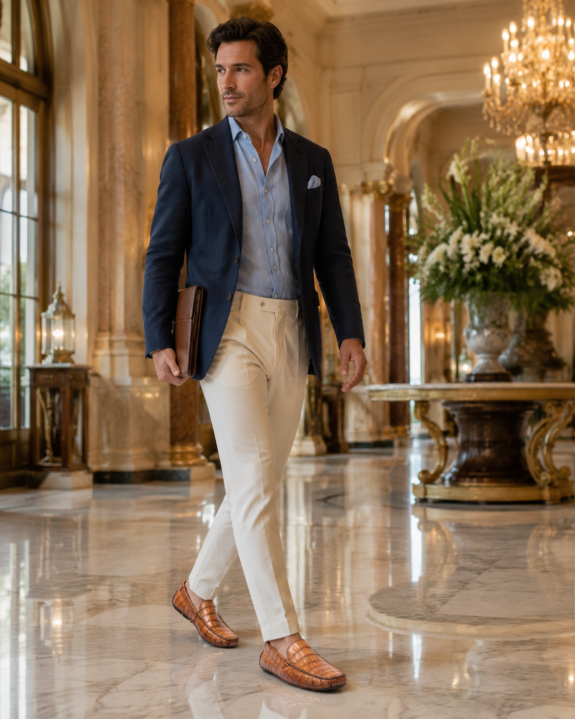 Man in a navy blazer, light blue shirt and cream trousers walking a marble hotel lobby, wearing handcrafted cognac Calzoleria Toscana 5124 dip-dyed Nile crocodile drivers.