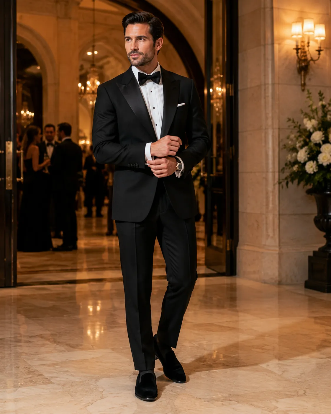 Man in a black tuxedo with satin peak lapels and a bow tie walking through a marble ballroom entrance, wearing handcrafted black Calzoleria Toscana Borvo-V velvet formal loafers.