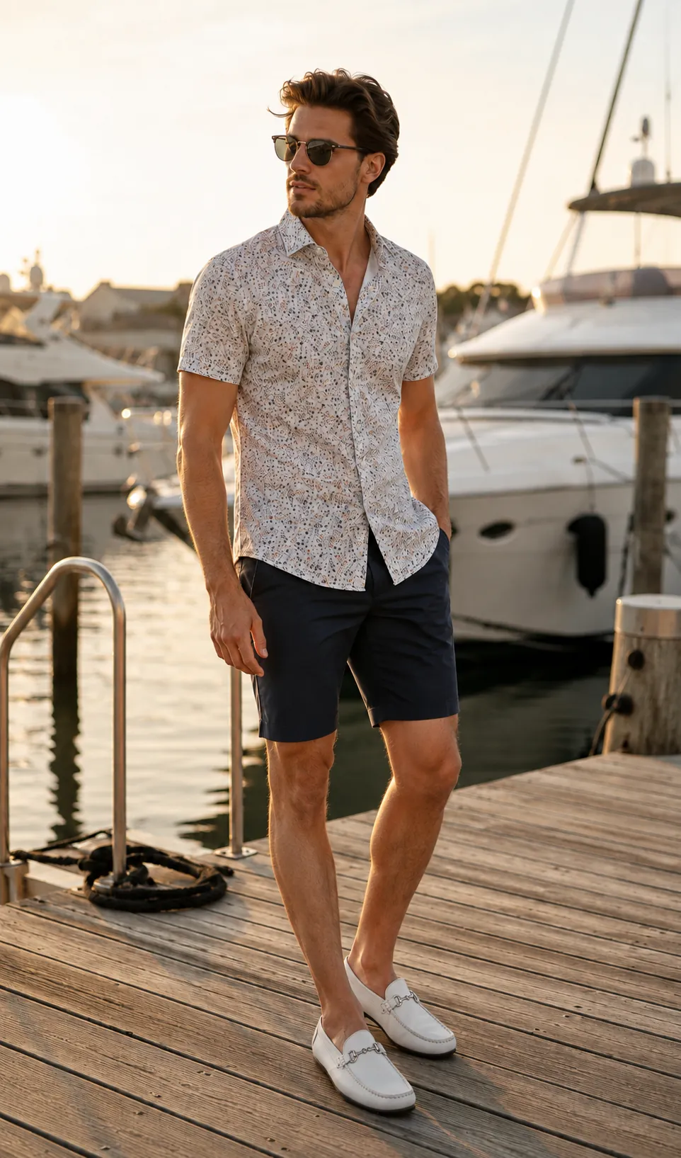 Man in a printed short-sleeve shirt and navy shorts walking along a sunlit marina dock past moored yachts, wearing handcrafted white Calzoleria Toscana 2444 deerskin horsebit drivers.