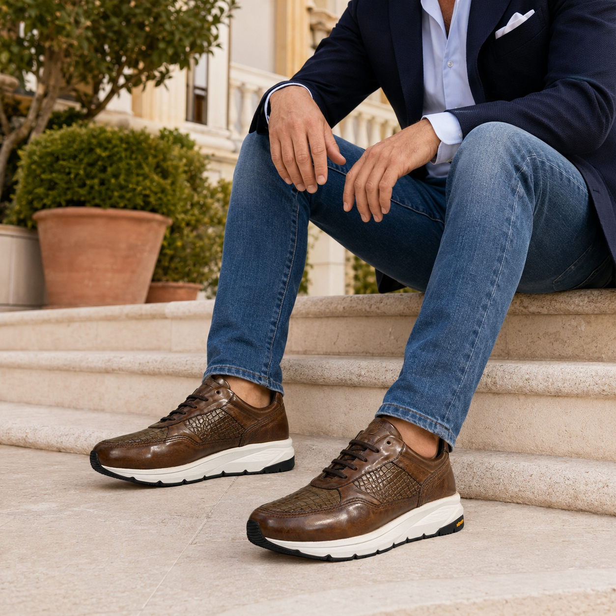 Man in a navy blazer, light blue shirt and blue jeans seated on sunlit marble steps outside an Italian palazzo, wearing handcrafted brown Calzoleria Toscana Caiano dip-dyed crocodile-print sneakers.