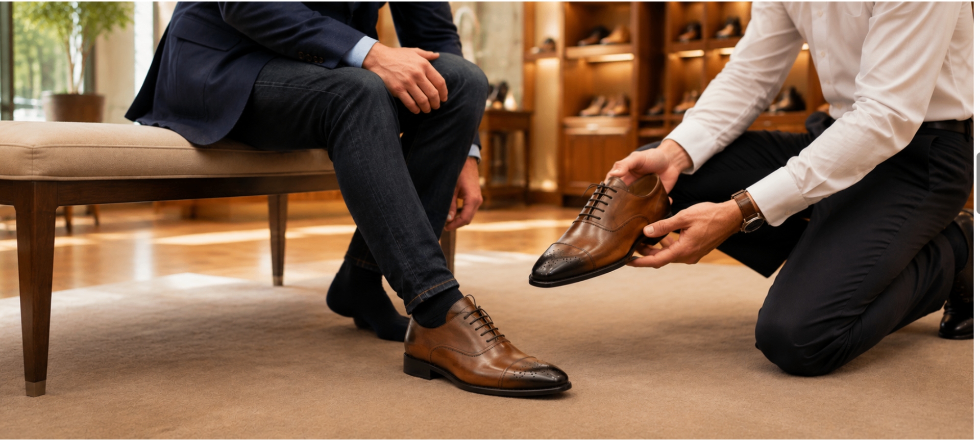 A gentleman being personally fitted with a hand-painted cap-toe Oxford on a showroom bench