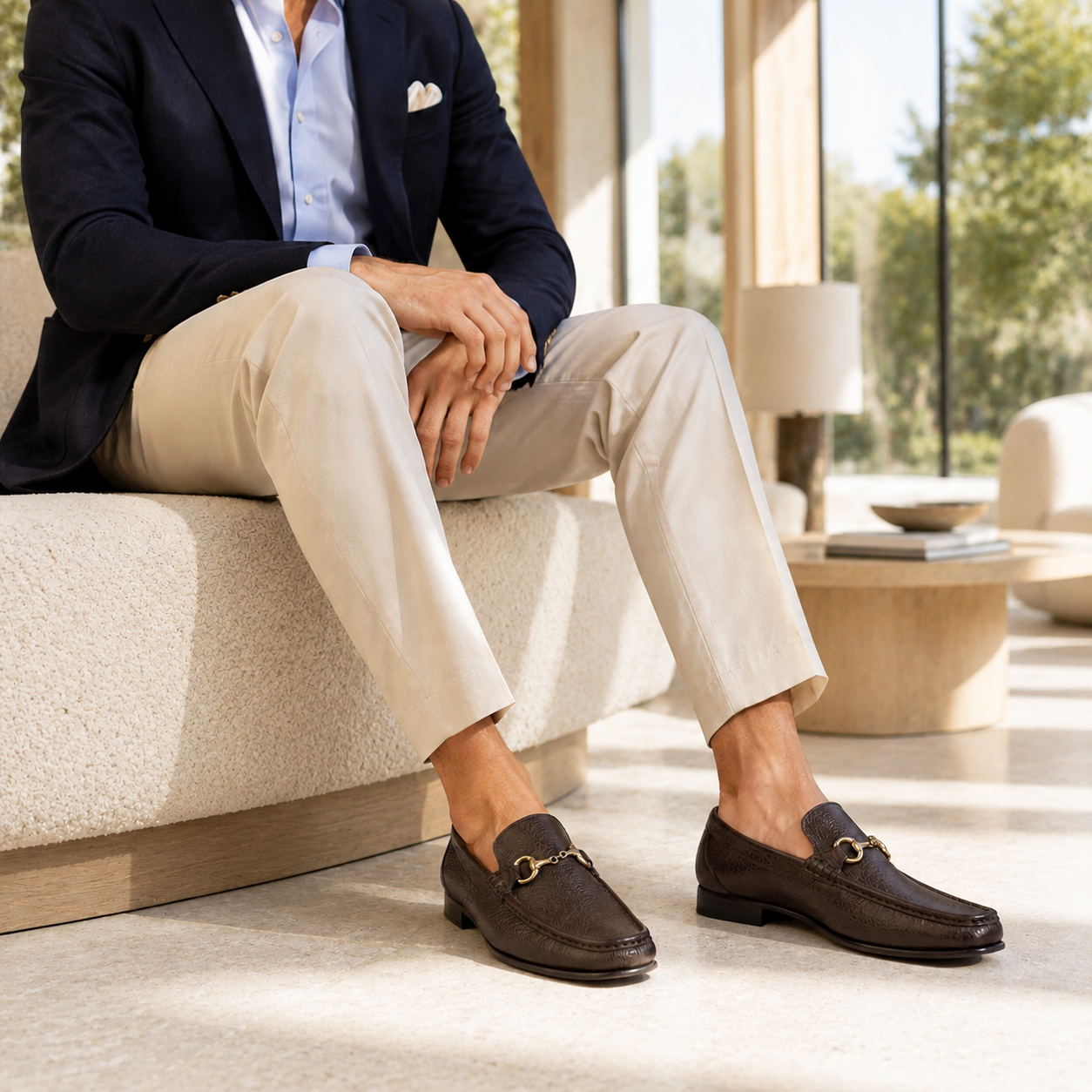 Man in a navy blazer, light blue shirt and cream trousers seated on a bouclé bench in a sunlit Italian villa, wearing handcrafted dark brown Calzoleria Toscana 8616-D cervo horsebit loafers.