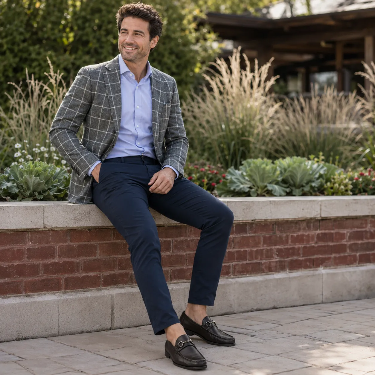 Man in a grey windowpane blazer, light blue shirt and navy trousers seated on a garden wall, wearing handcrafted dark brown Calzoleria Toscana Stilo cervo tumbled leather horsebit loafers.
