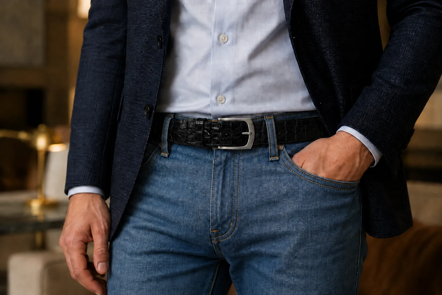 Close-up of a man in a navy textured blazer, white shirt and blue jeans wearing the handcrafted black genuine crocodile 4187 Hornback belt by Calzoleria Toscana with a brushed silver buckle.