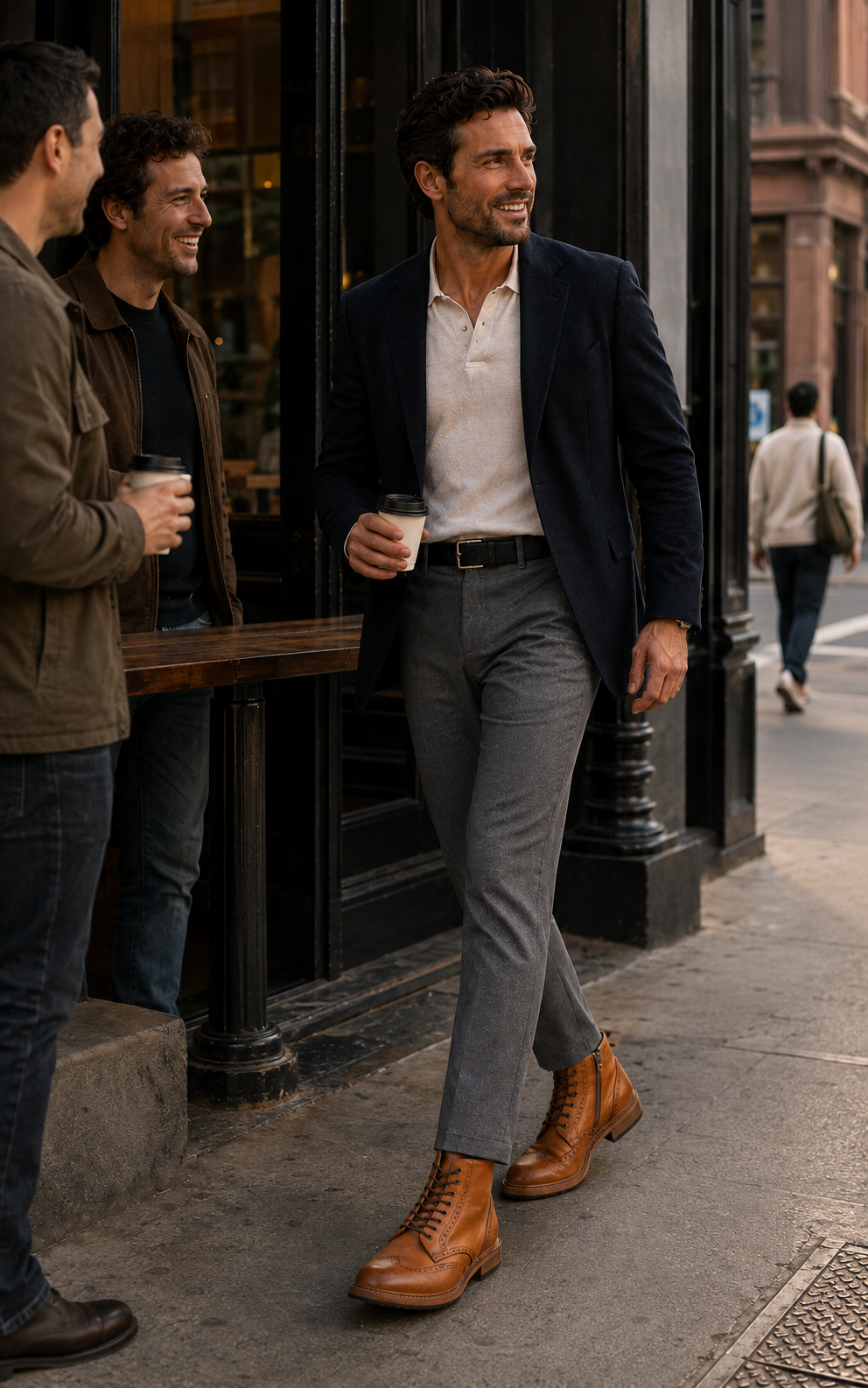 Man in a navy blazer, light blue shirt and dark denim leaning against a café counter with an espresso, wearing handcrafted cognac Calzoleria Toscana Cesar lace-up boots.