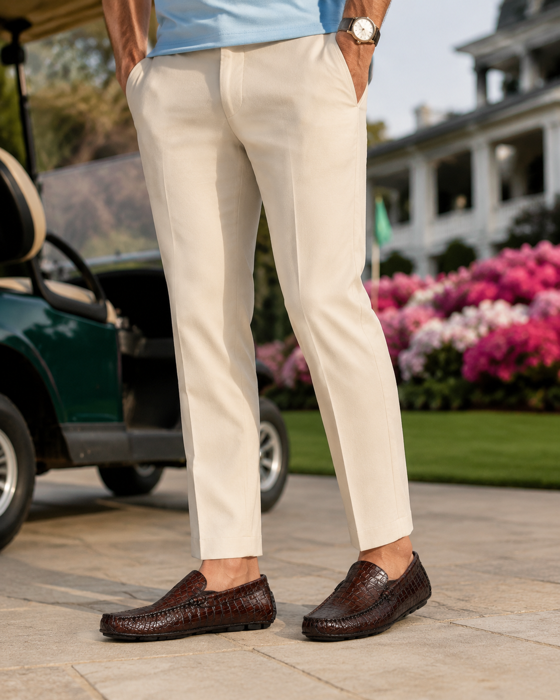 Man in cream trousers and a light blue tee standing on a stone terrace beside a golf cart at a clubhouse, wearing handcrafted brown Calzoleria Toscana 4551 dip-dyed hornback crocodile drivers.