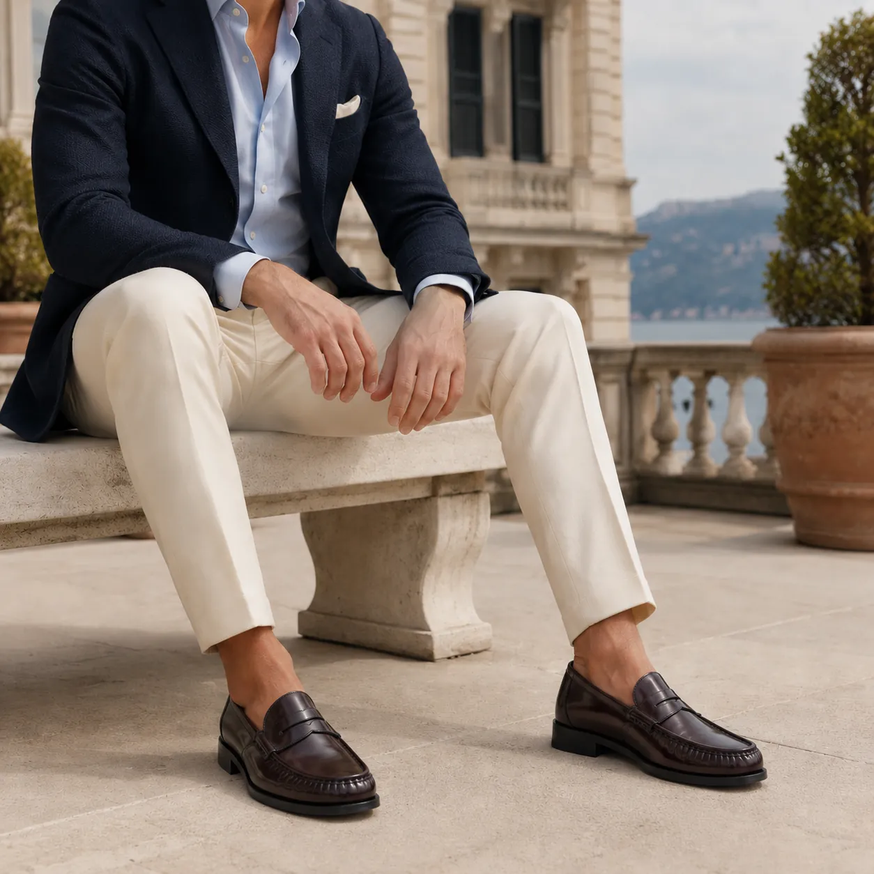 Man in a navy seersucker blazer, light blue shirt and cream trousers seated on a stone bench on an Italian villa terrace, wearing handcrafted dark brown Calzoleria Toscana Signa penny loafers.
