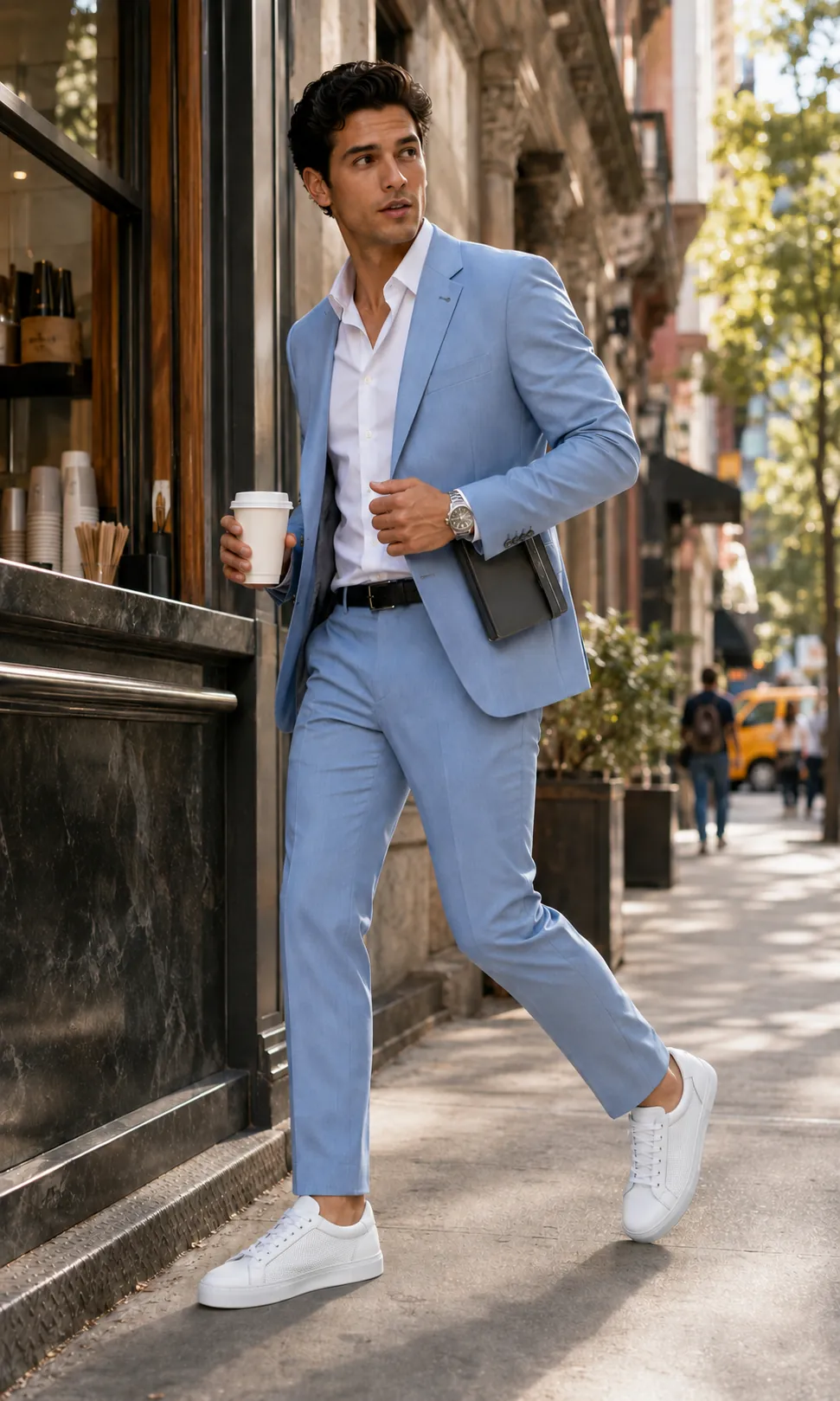 Man in a light blue suit and white shirt walking a sunlit city sidewalk with a coffee cup and notebook, wearing handcrafted white Calzoleria Toscana Ocre perforated low-top sneakers.