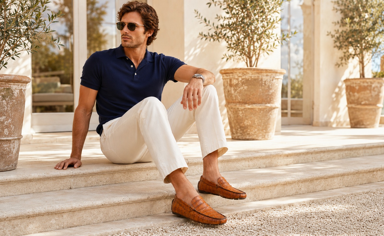 Man in cream linen trousers and navy knit seated on a vintage convertible in a sunlit Tuscan villa courtyard, wearing handcrafted cognac Italian woven leather driving moccasins