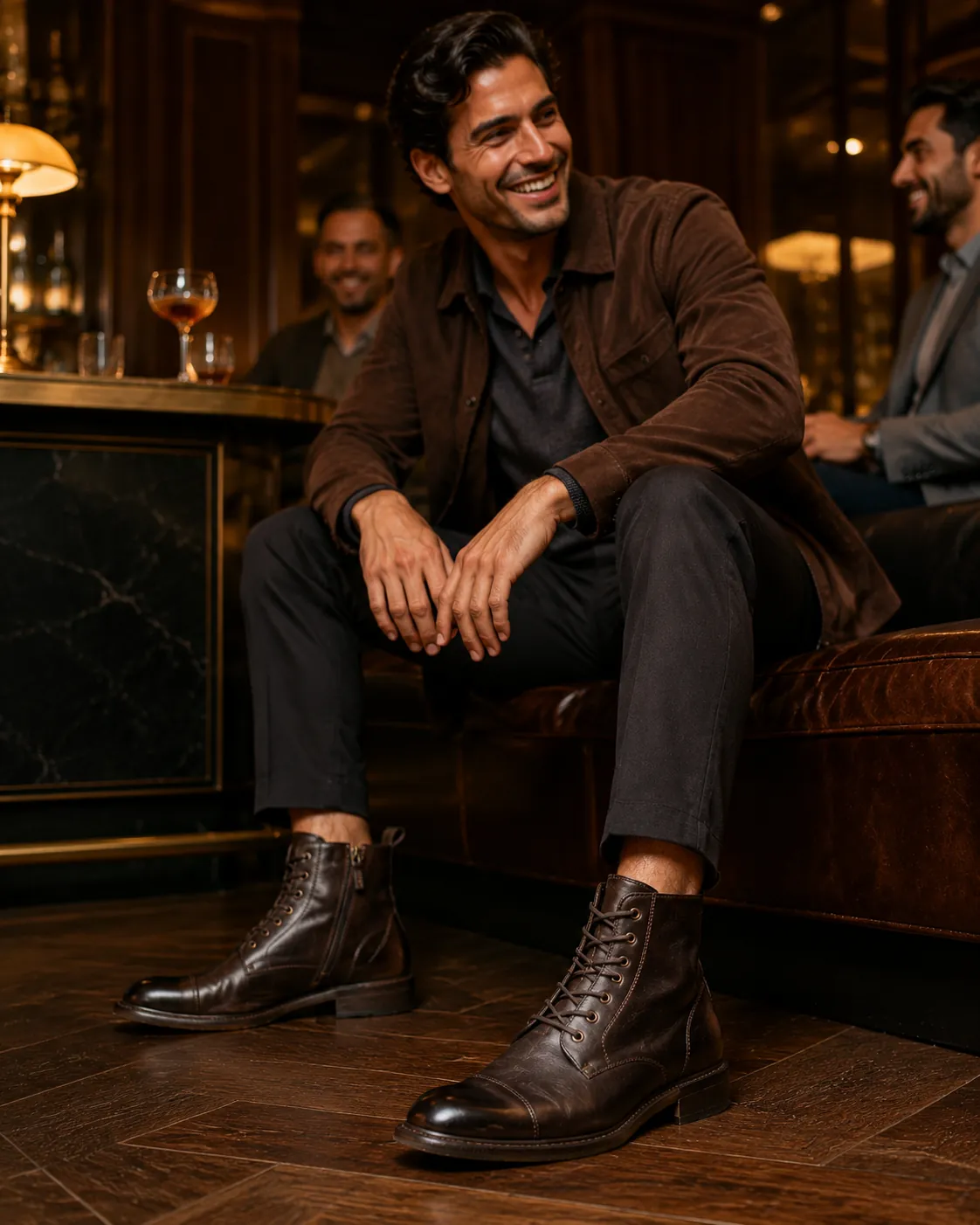 Man in a brown suede jacket, black knit polo and charcoal trousers leaning against a marble bar with a whiskey, wearing handcrafted dark brown Calzoleria Toscana dip-dyed calfskin combat boots.
