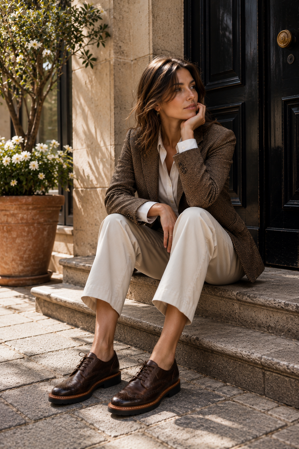 Woman in cream wool trousers, a crisp white shirt, and a brown herringbone blazer seated on stone steps beside a terracotta planter, wearing handcrafted brown dip-dyed Italian leather D277 wingtip brogue lace-ups by Calzoleria Toscana.