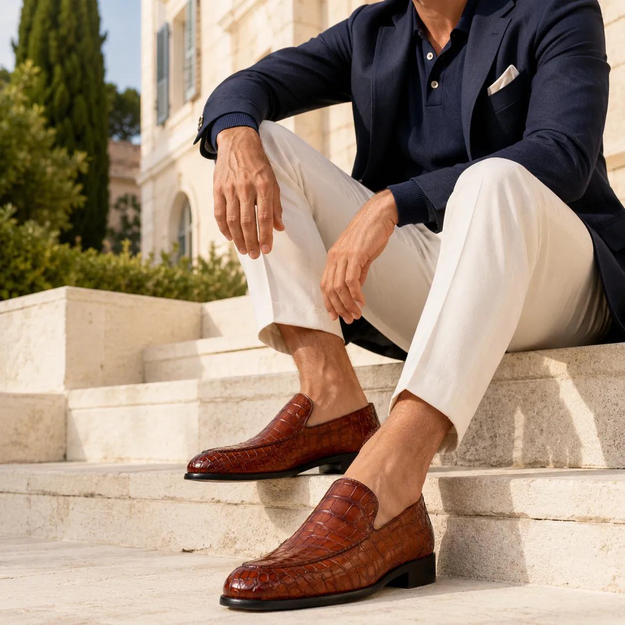 Man in a navy knit polo, navy blazer and cream trousers seated on sunlit stone steps outside an Italian villa, wearing handcrafted cognac Calzoleria Toscana Penta wholecut crocodile loafers.
