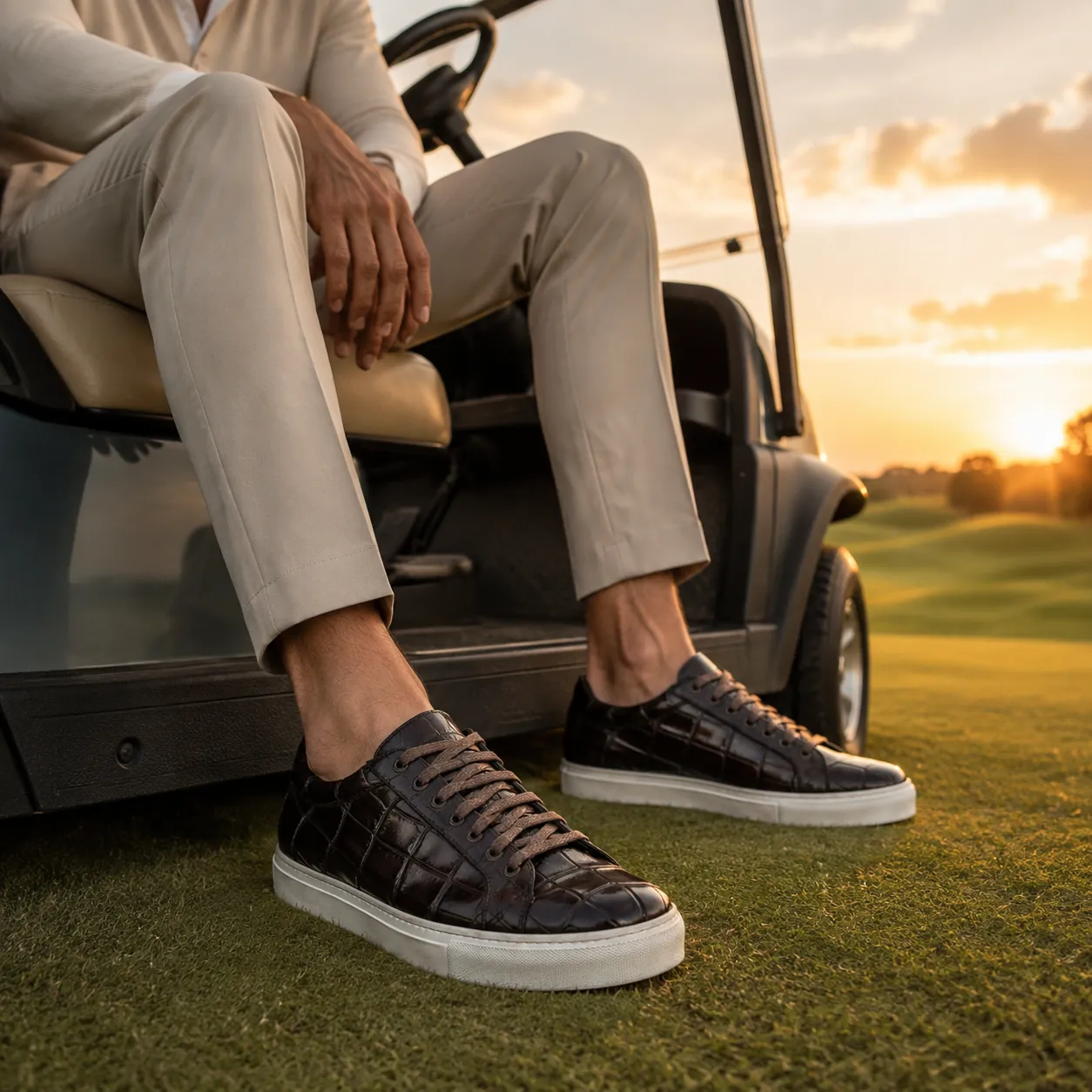 Man in cream trousers seated on a golf cart at sunset, wearing handcrafted dark brown crocodile-print Calzoleria Toscana Gaiba sneakers with white cup soles.