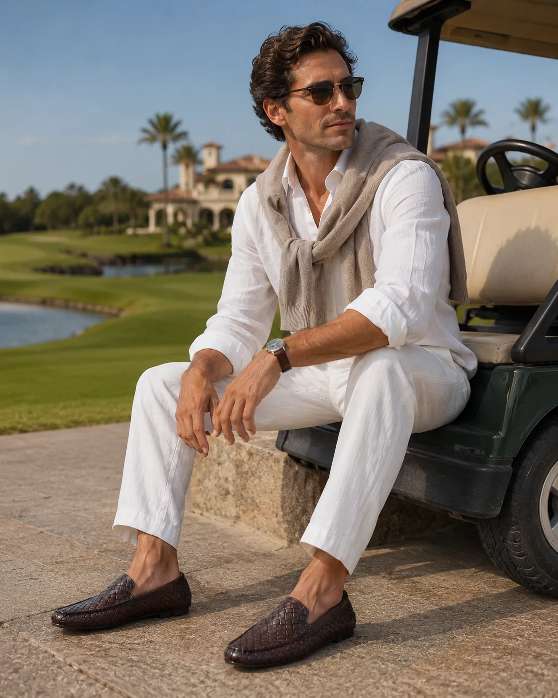 Man in crisp white linen with a cable-knit sweater draped over his shoulders, seated on a golf cart at a Mediterranean course, wearing handcrafted brown Calzoleria Toscana Rendo woven leather drivers.