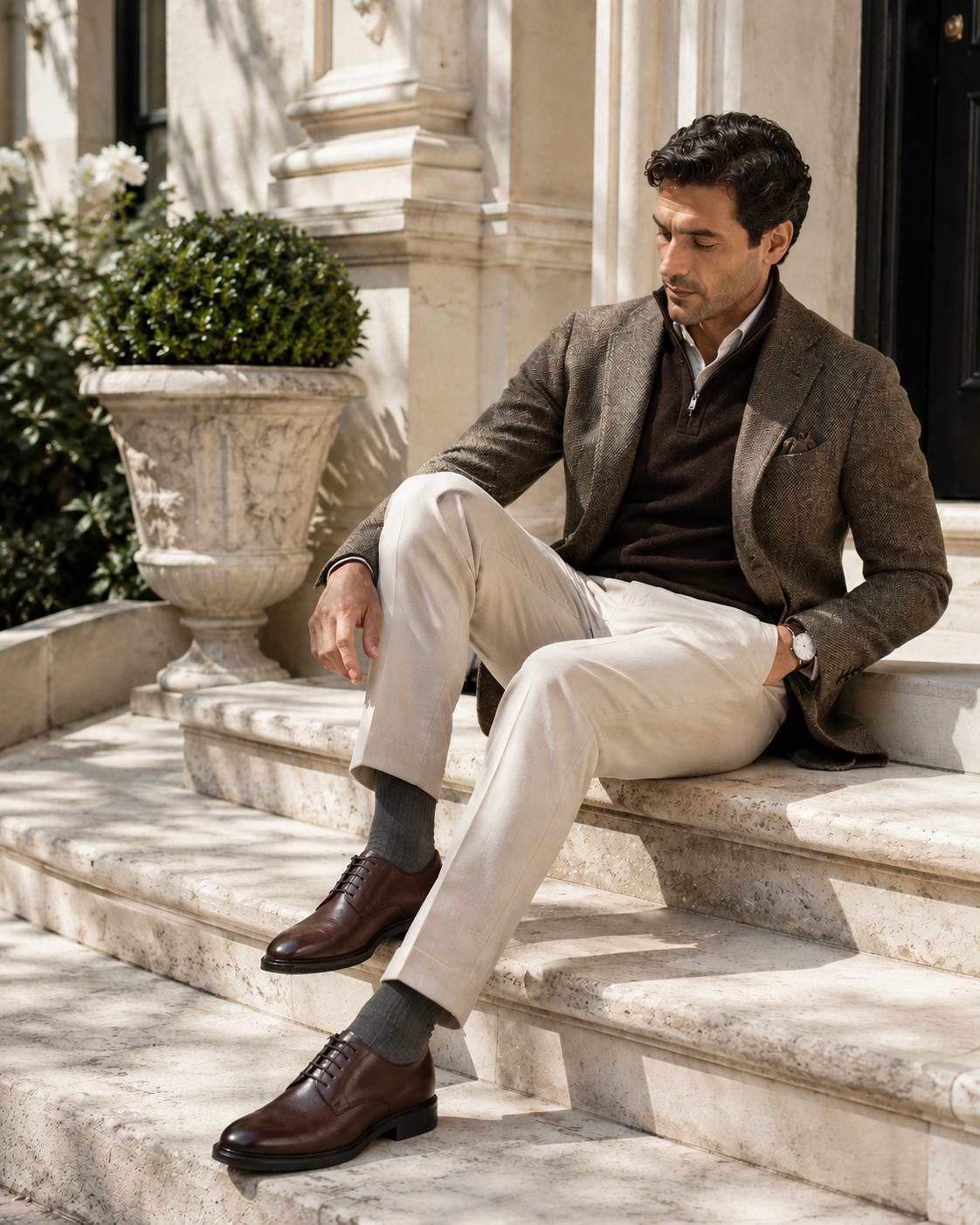 Man in a herringbone sport coat, burgundy quarter-zip and ivory trousers seated on travertine townhouse steps, wearing handcrafted tobacco brown Midas Italian leather lace-up shoes by Calzoleria Toscana.