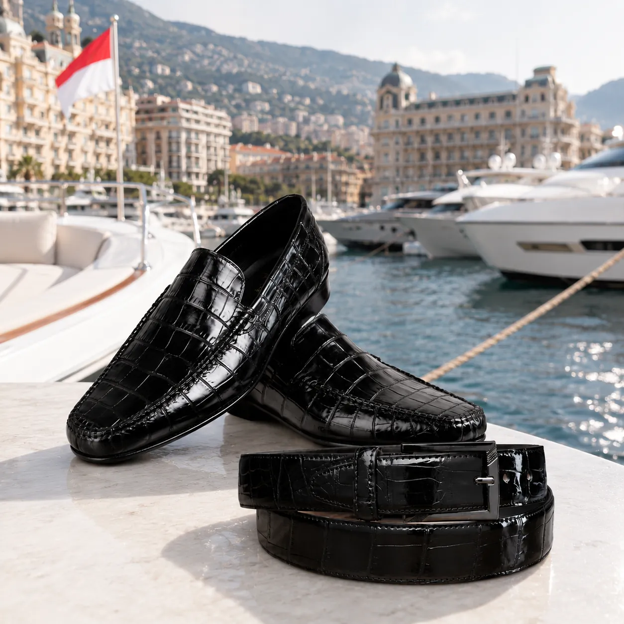Calzoleria Toscana 4468 black crocodile Venetian loafer and matching black crocodile belt on a marble ledge at the Monaco harbor.