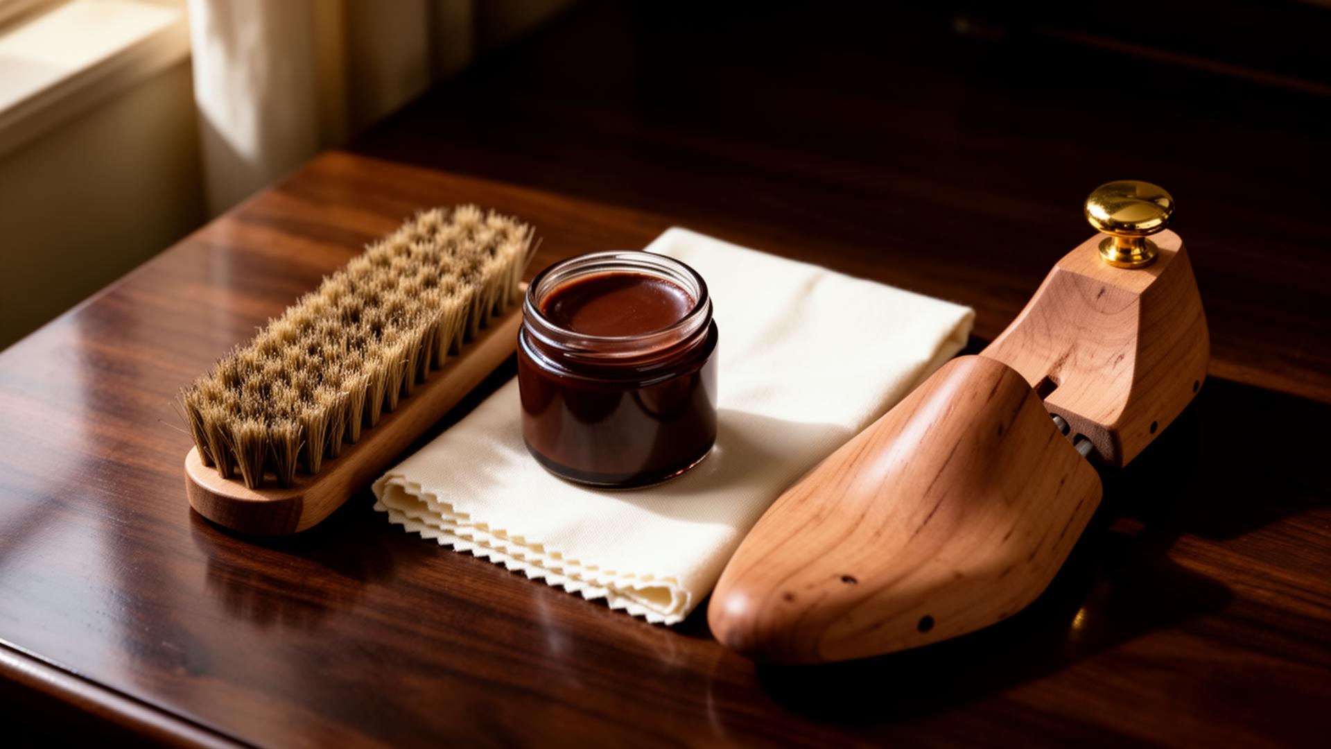 Italian shoe care essentials on a walnut surface — horsehair brush, leather cream, cotton polishing cloth, and an aromatic cedar shoe tree.