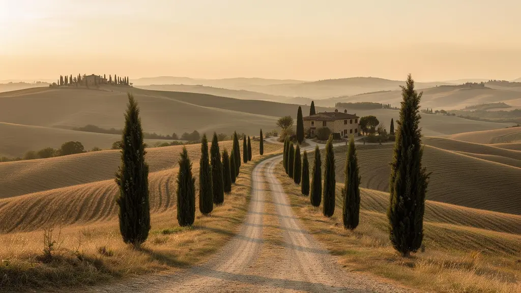 Golden-hour Tuscan countryside with a cypress-lined road leading to a stone farmhouse