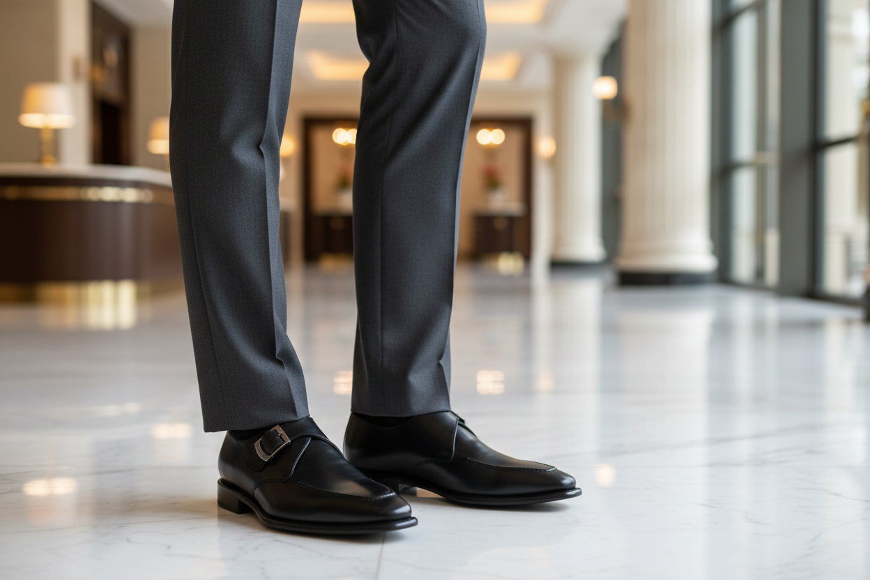 Man in a lobby wearing gray dress pants and the black single monk strap shoes
