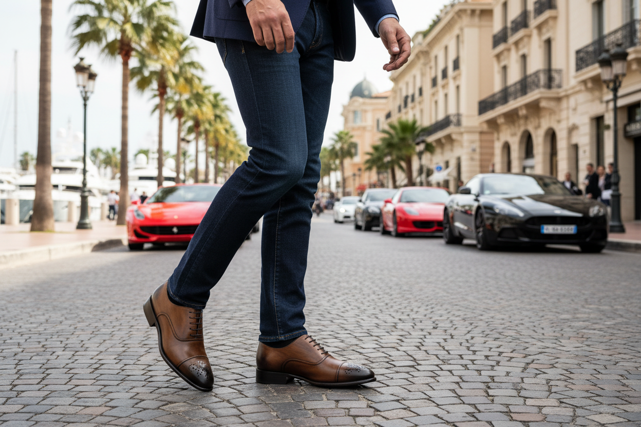 Person wearing a suit and shoes on a city street with cars and palm trees in the background
