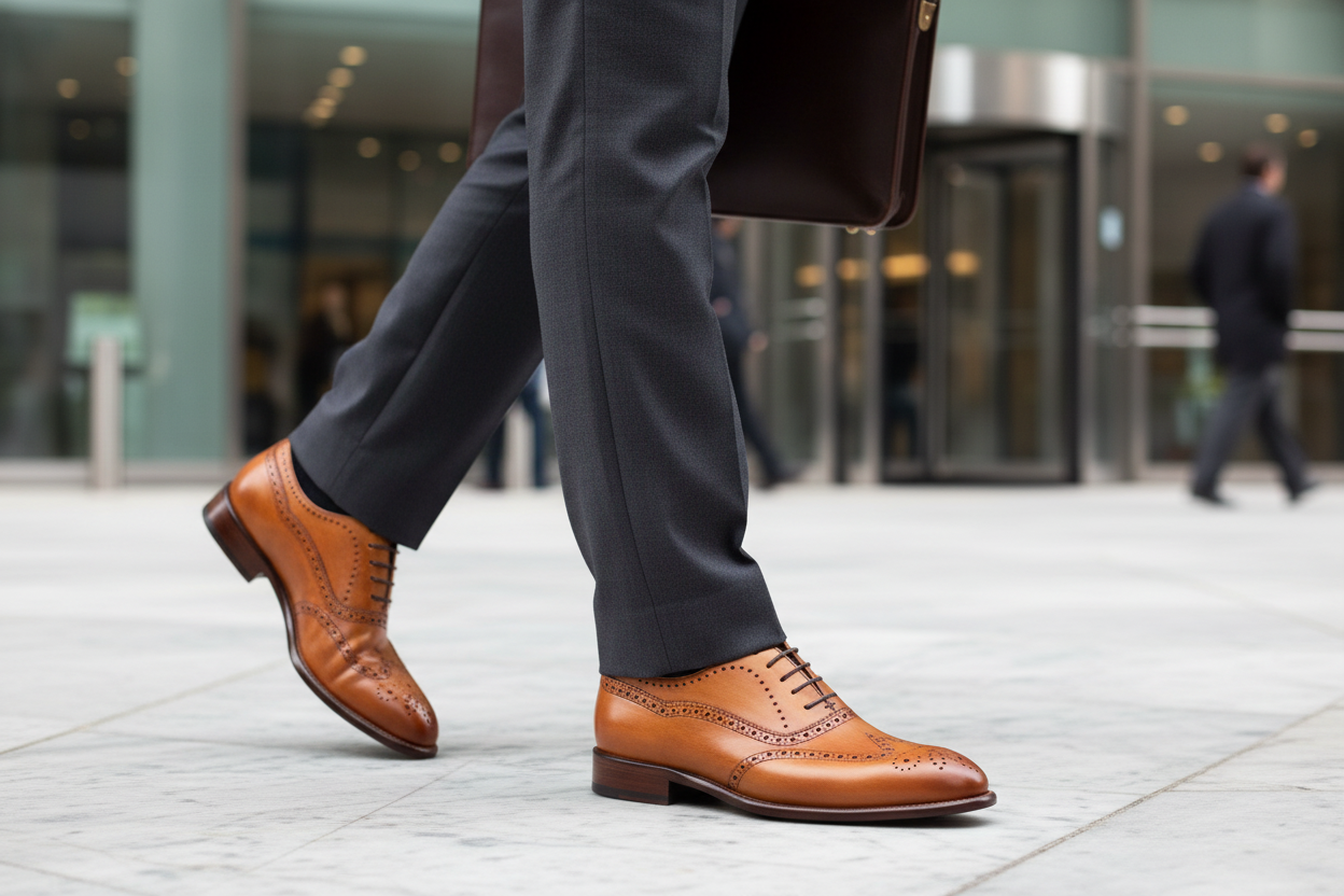 Man holding a briefcase walking to work wearing the Dark Caramel Wingtips with a gray suit.