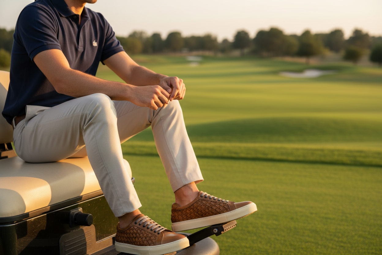 Person sitting on a golf cart on a golf course