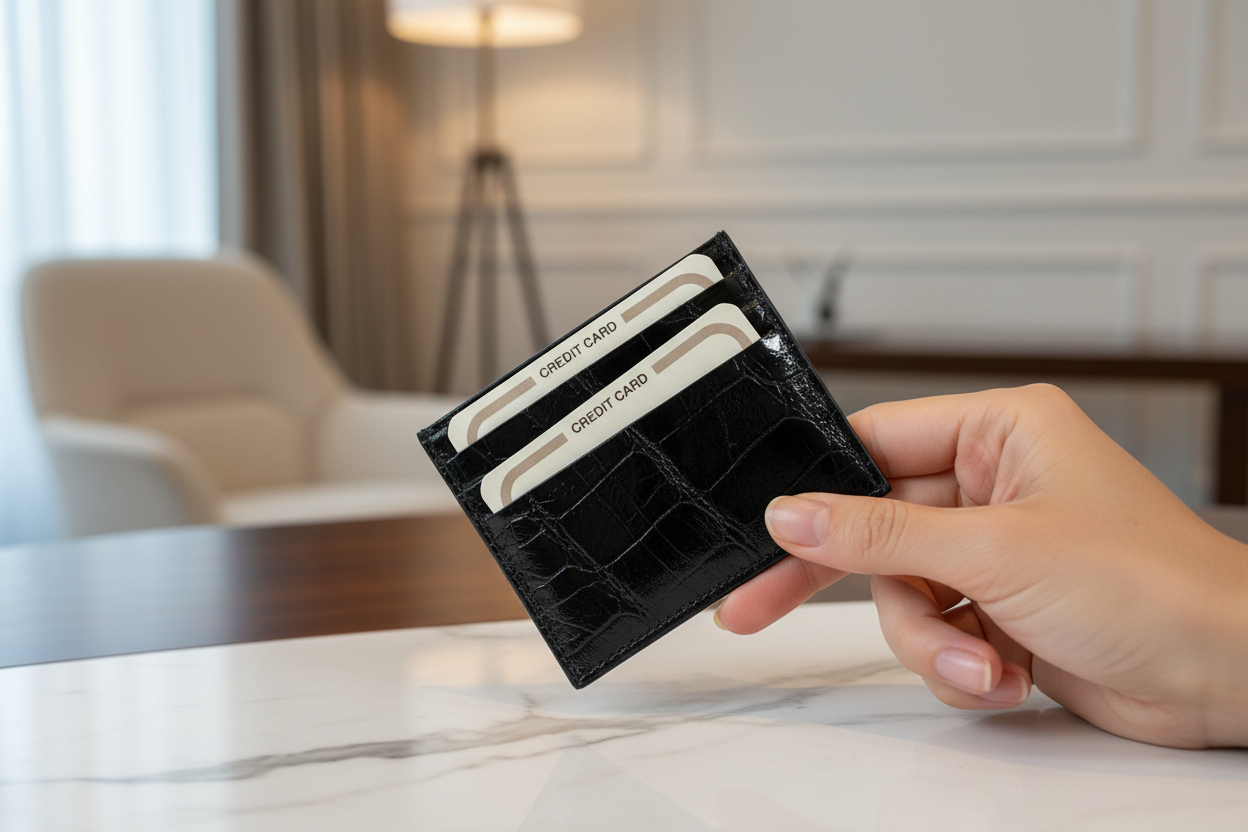 someone holding a black crocodile credit card holder