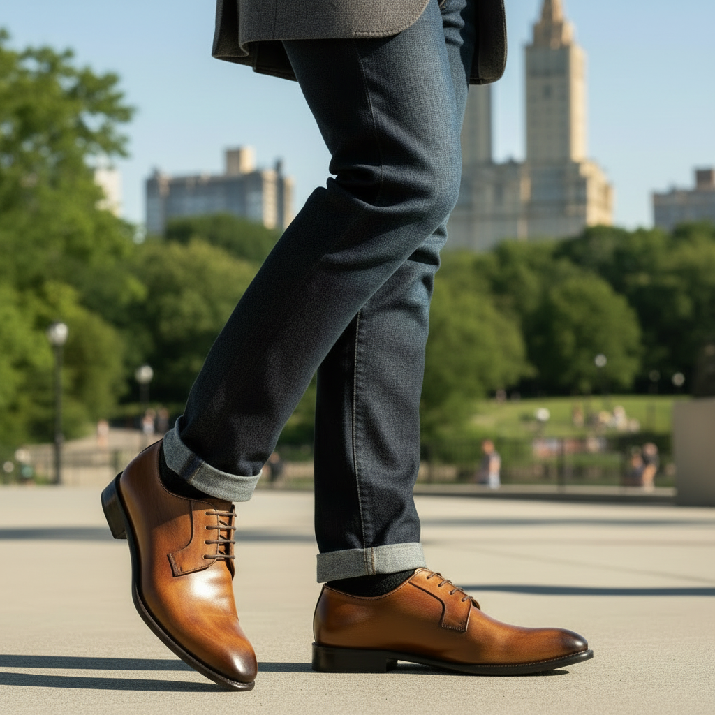 Person wearing Chestnut dress shoes with a blurred cityscape background