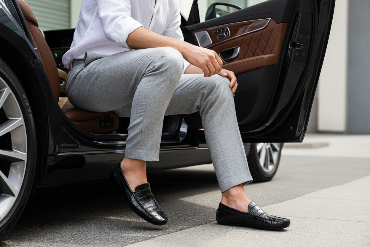 Person sitting inside a car wearing gray pants and black shoes.