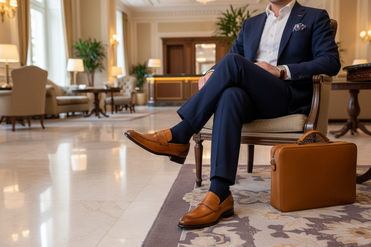 Man in a navy suit sitting in a hotel lobby with a brown suitcase.