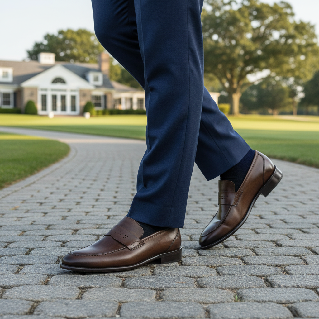 A man walking through a Golf Club wearing the brown loafers