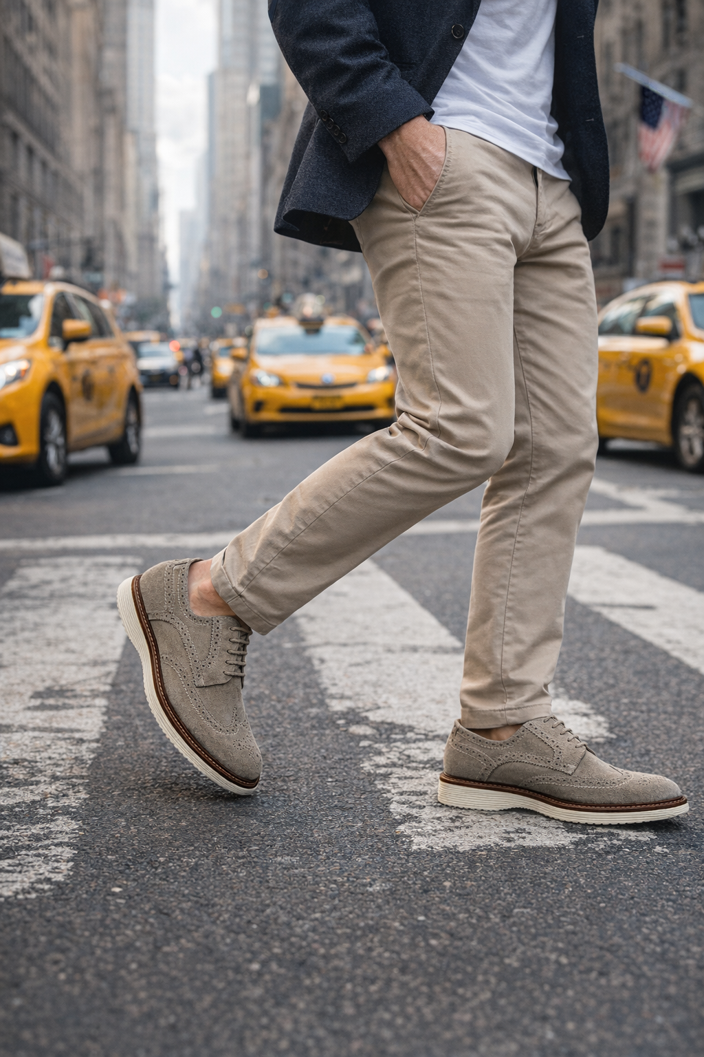 Person walking on a city street wearing A pair of Cashmere color suede shoes with taxis in the background
